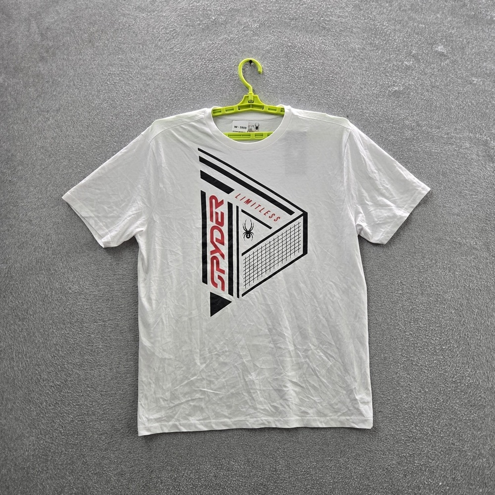 Spyder Men Shirt L White Graphic Geometric Triangle Logo Short‎ Sleeve